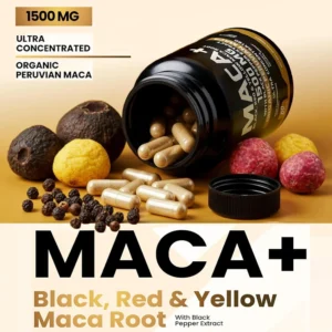 Organic Maca Root Powder Capsules 1500mg with Black+Red+Yellow Peruvian Maca Root.